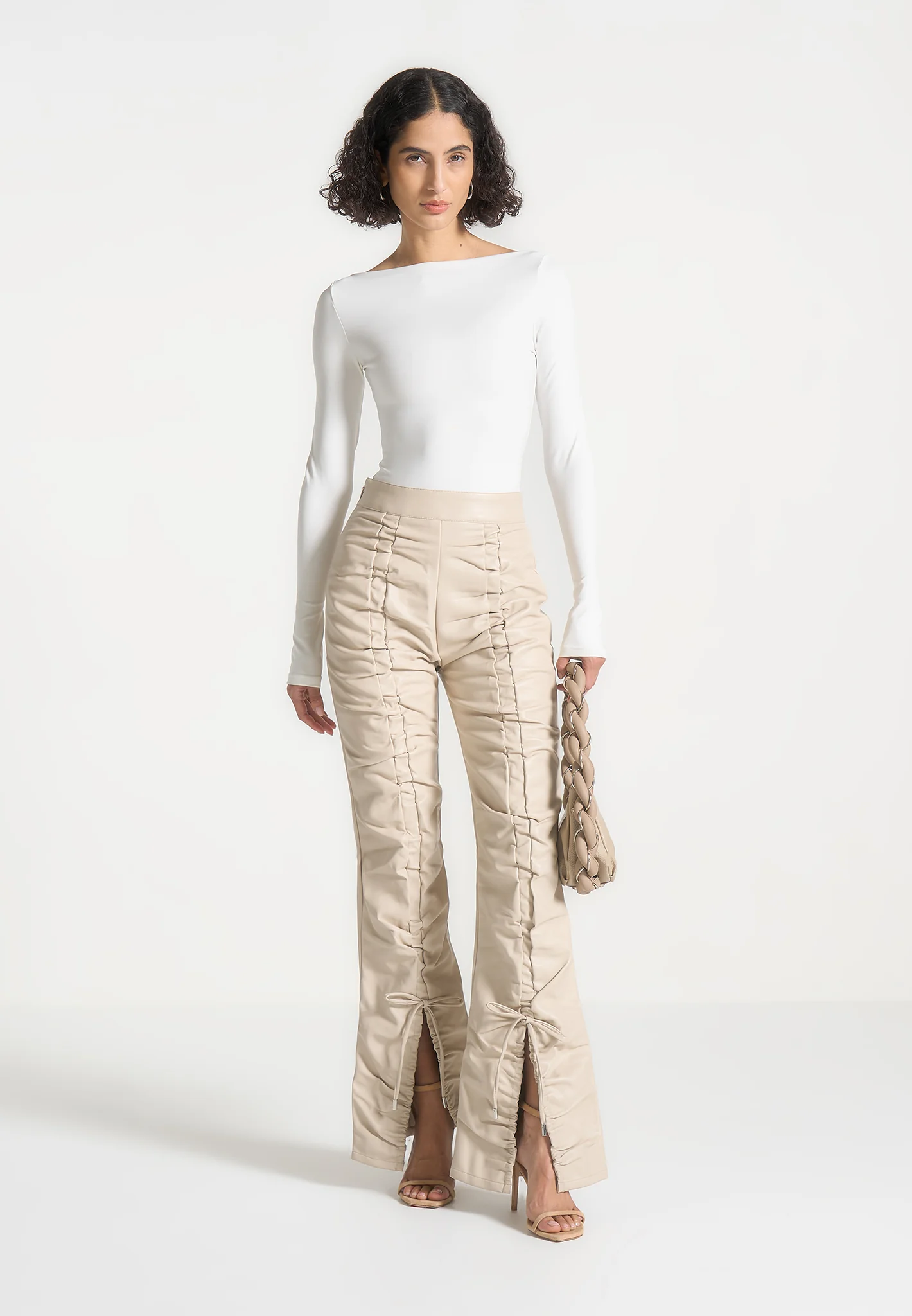 Leather Ruched Trousers - Beige - Image 3