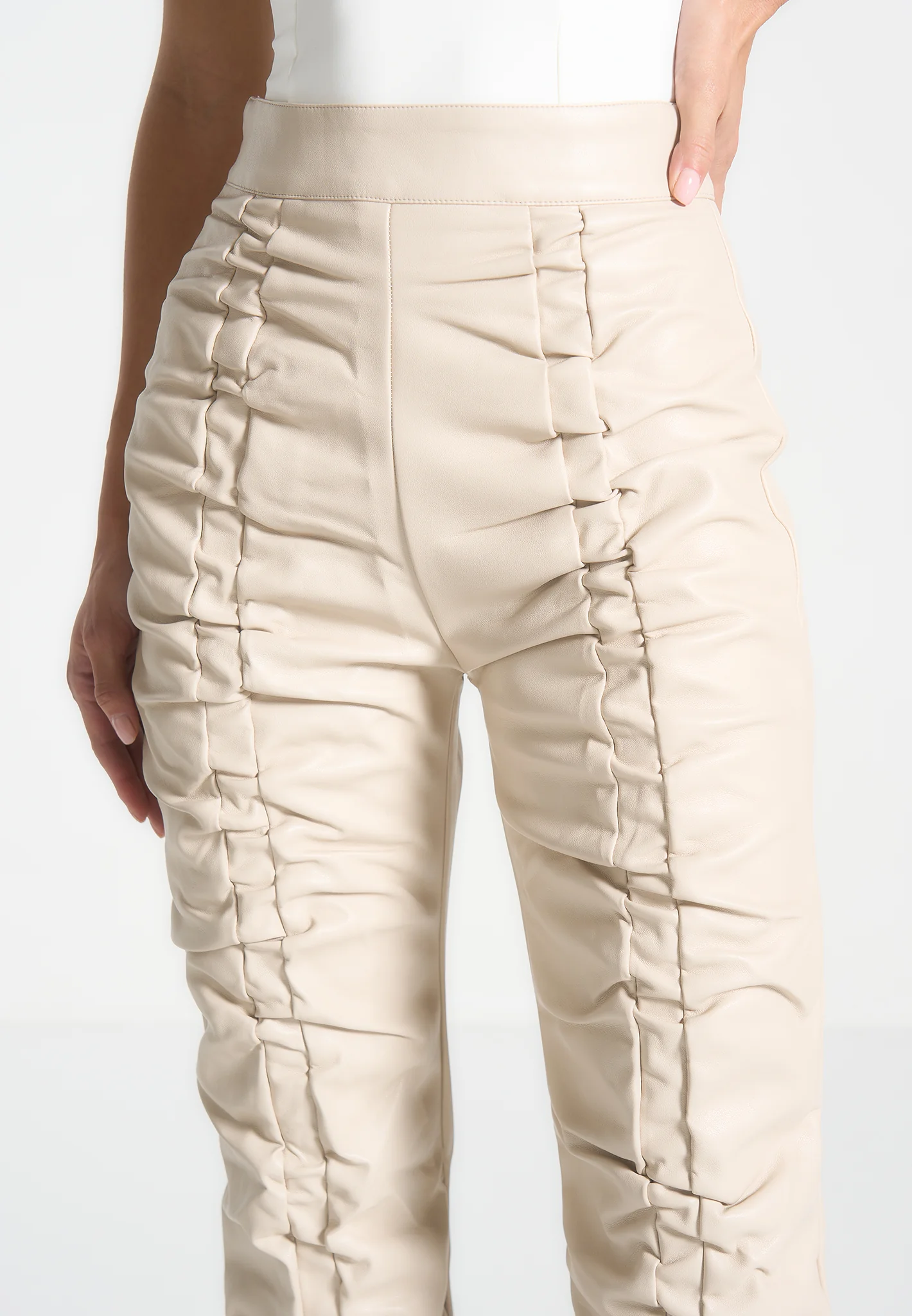 Leather Ruched Trousers - Beige - Image 5
