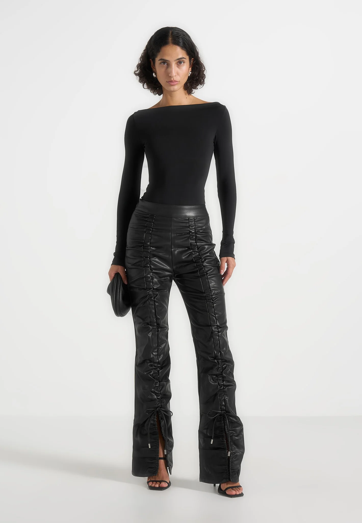 Leather Ruched Trousers - Black