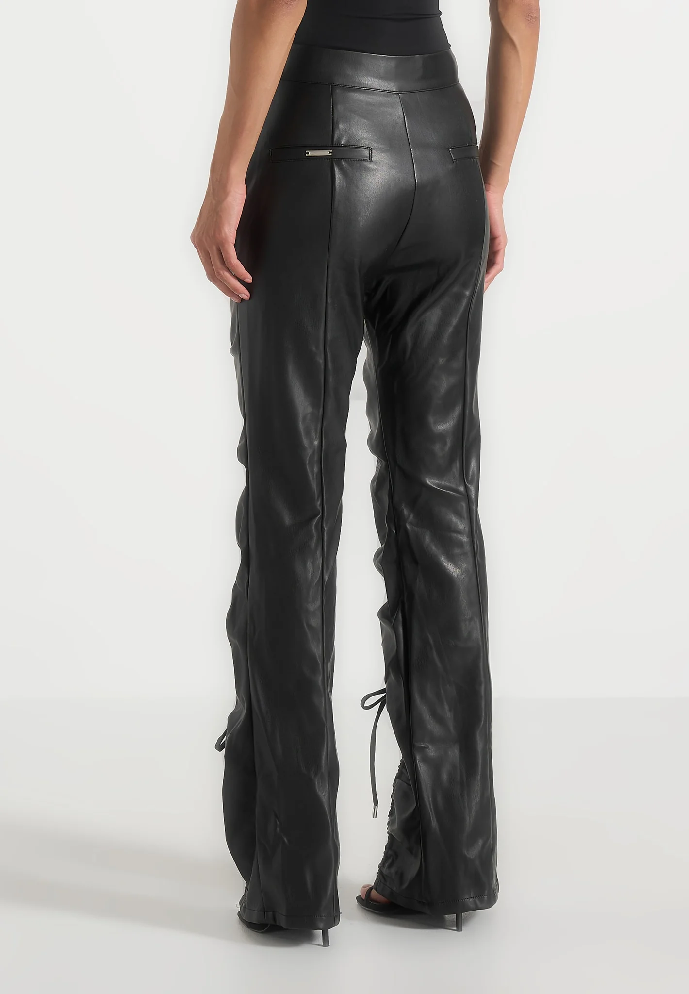 Leather Ruched Trousers - Black - Image 5