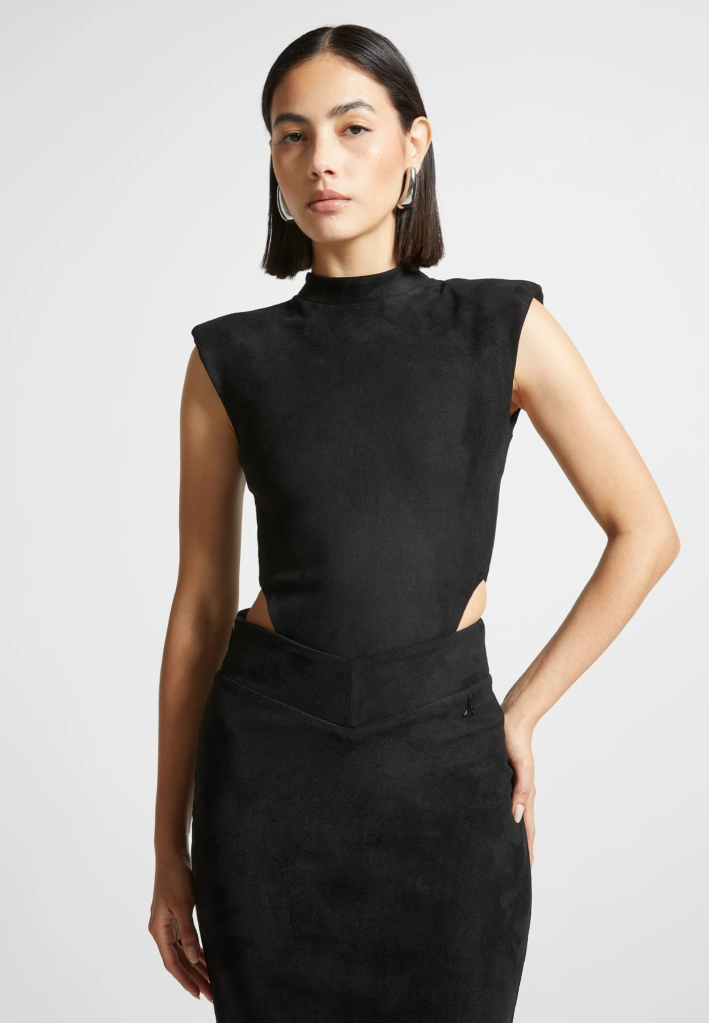 Suede Wide Shoulder High Leg Bodysuit - Black
