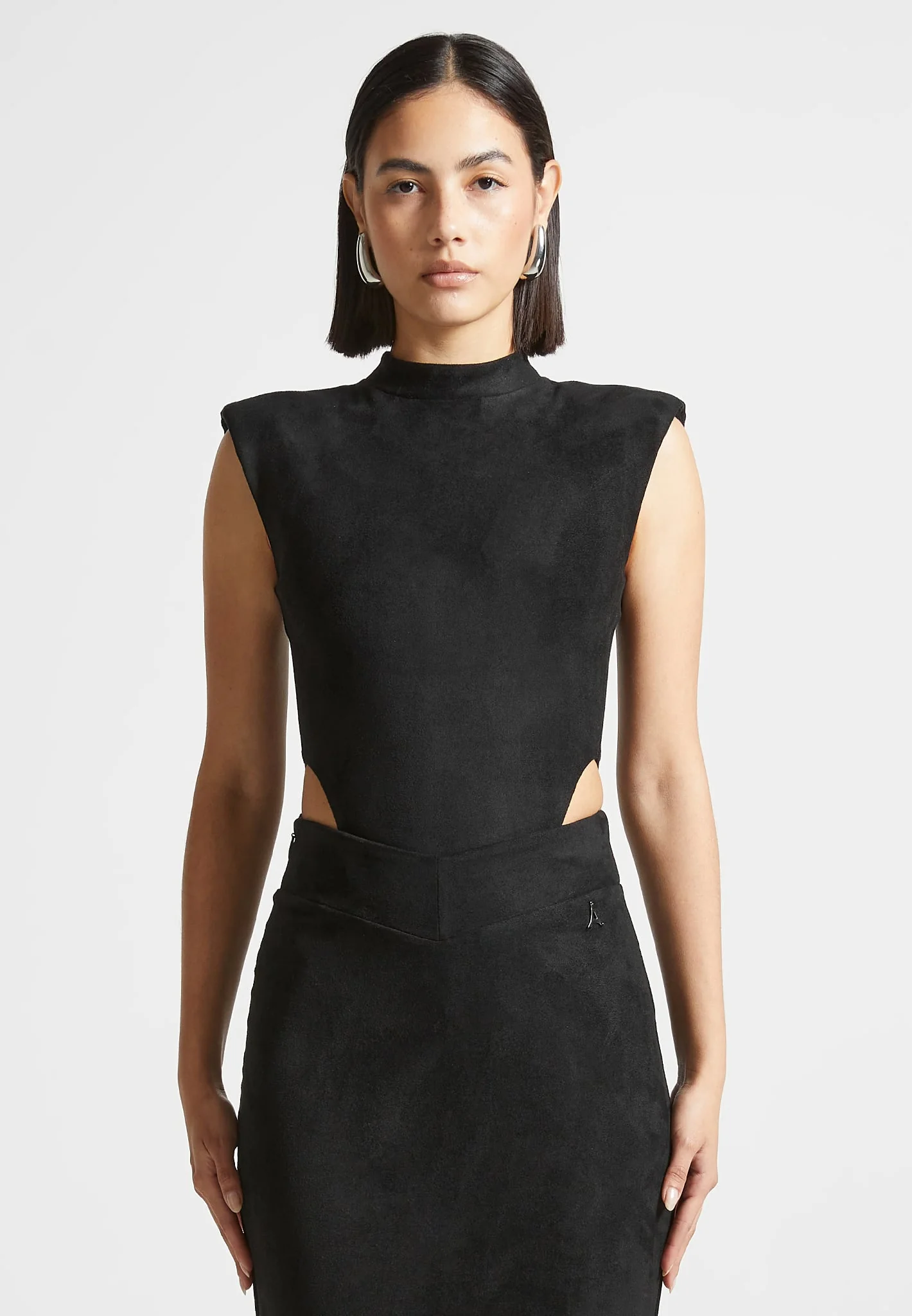 Suede Wide Shoulder High Leg Bodysuit - Black - Image 3