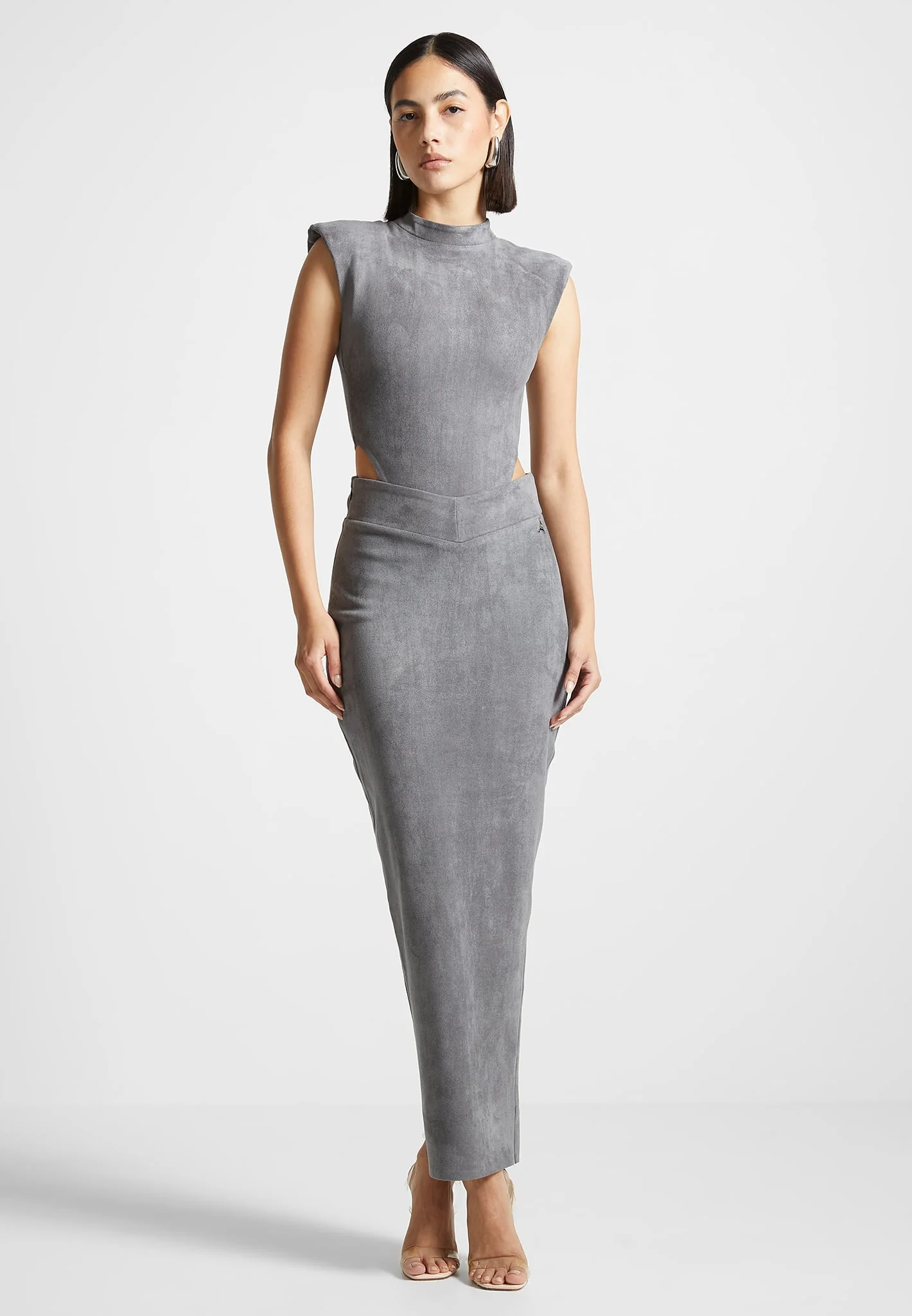 Suede Wide Shoulder High Leg Bodysuit - Light Grey - Image 2