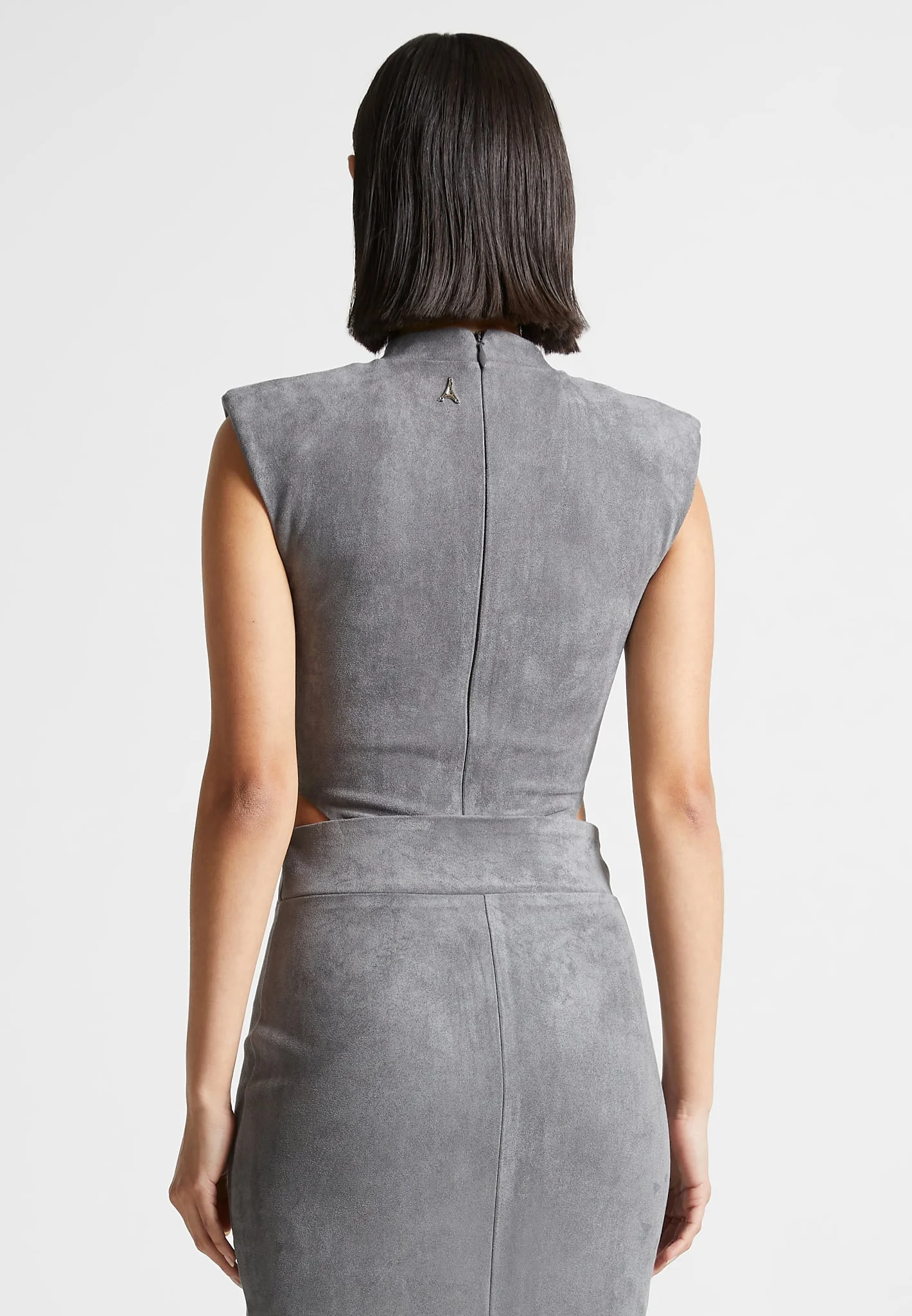 Suede Wide Shoulder High Leg Bodysuit - Light Grey - Image 4