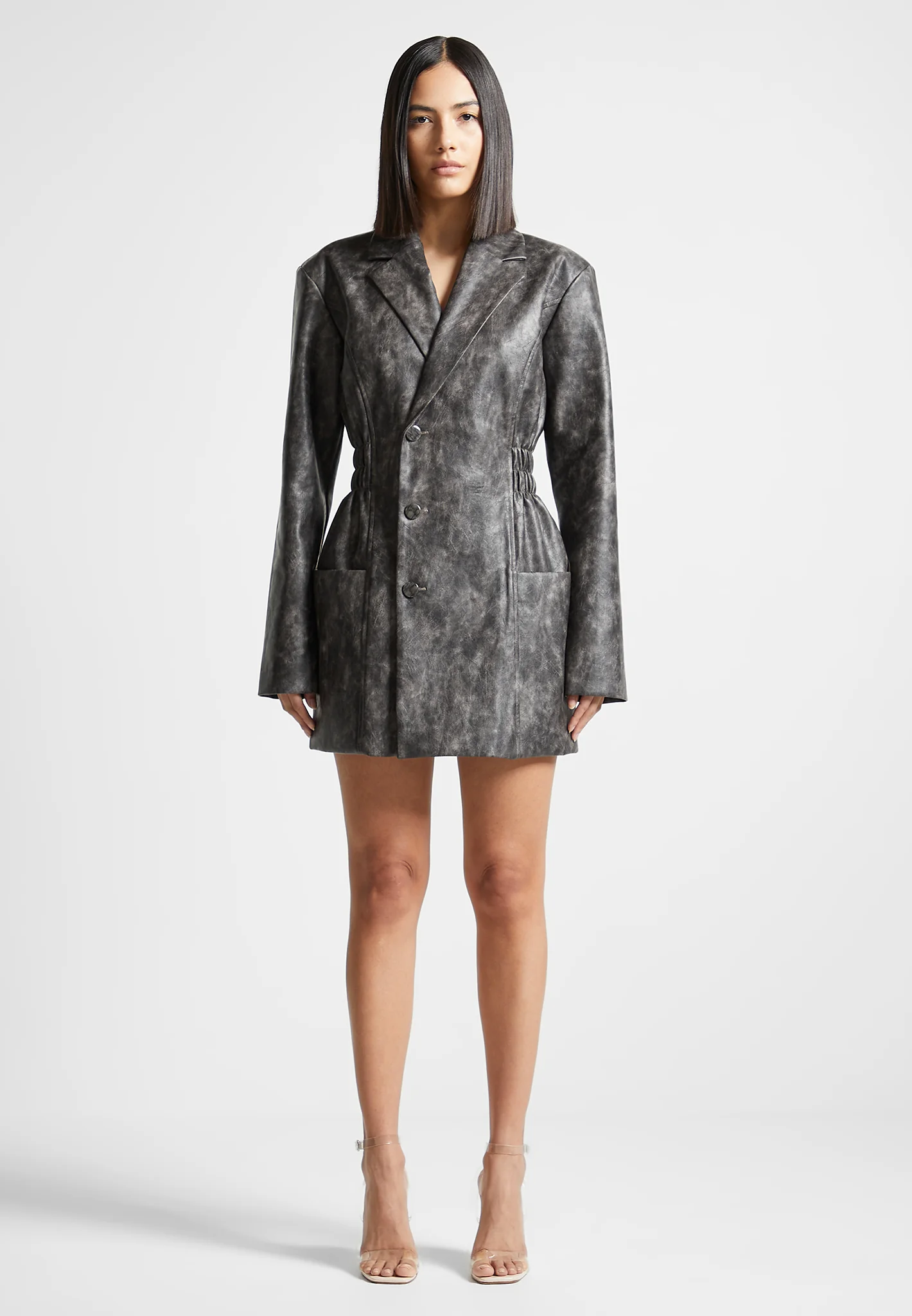 Vintage Double Breasted Leather Blazer Dress - Grey - Image 3