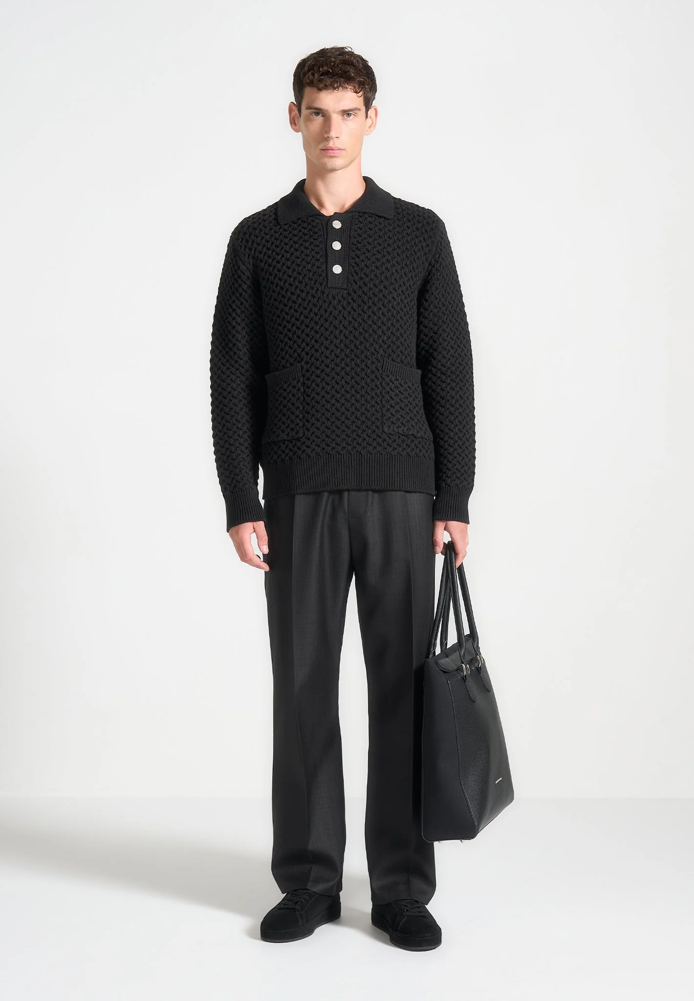Waffle Knit Polo Jumper - Black - Image 2