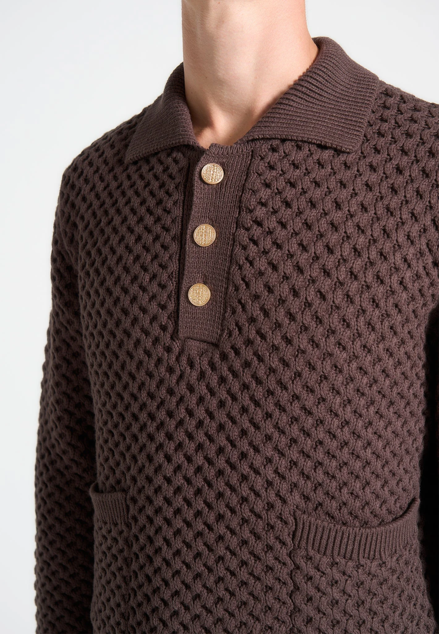 Waffle Knit Polo Jumper - Brown - Image 3