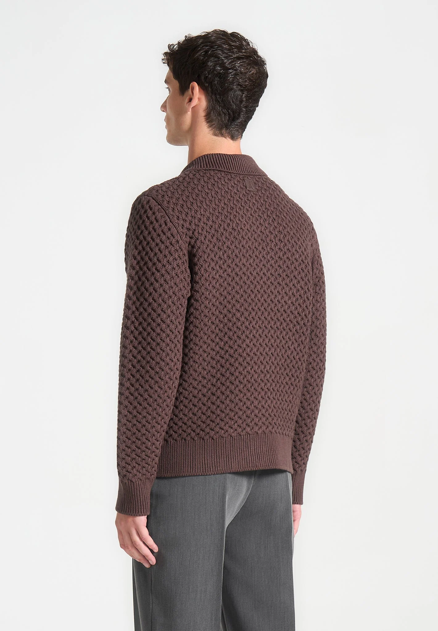 Waffle Knit Polo Jumper - Brown - Image 4