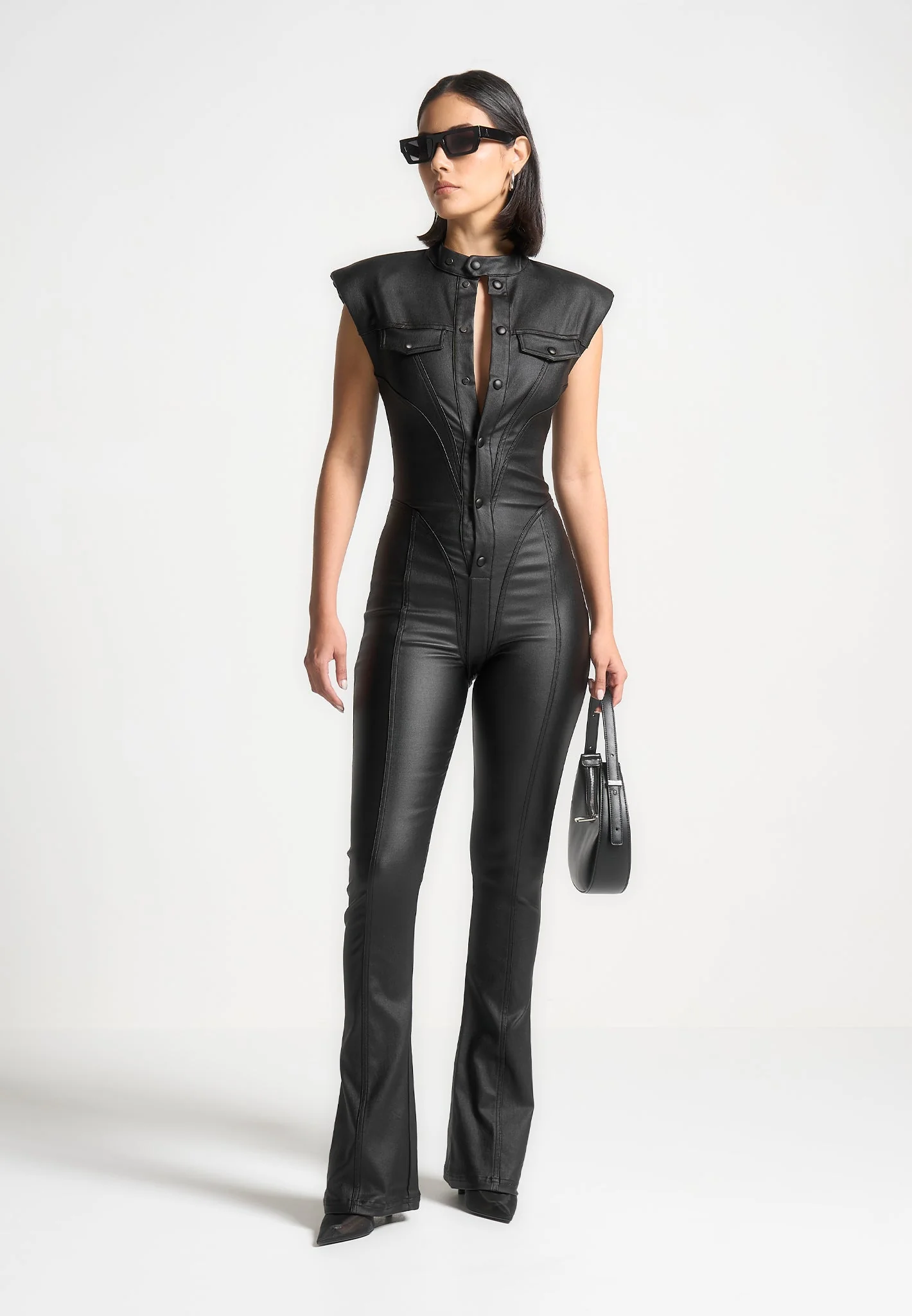 Annette - Wax Coated Denim Jumpsuit - Black