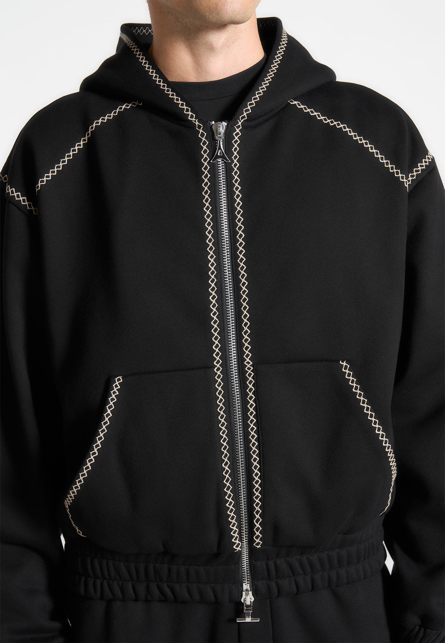 Ivan - Whipstitch Raglan Effect Zip Hoodie - Black - Image 3