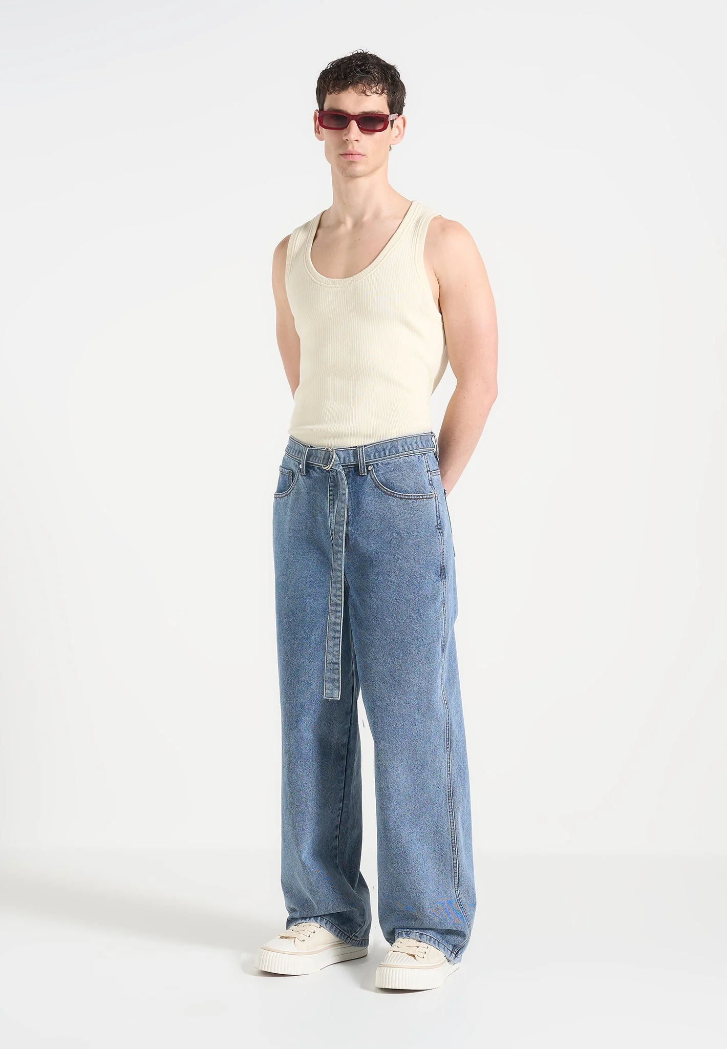 Adam - Wide Leg Belted Jeans - Blue Wash - Image 3