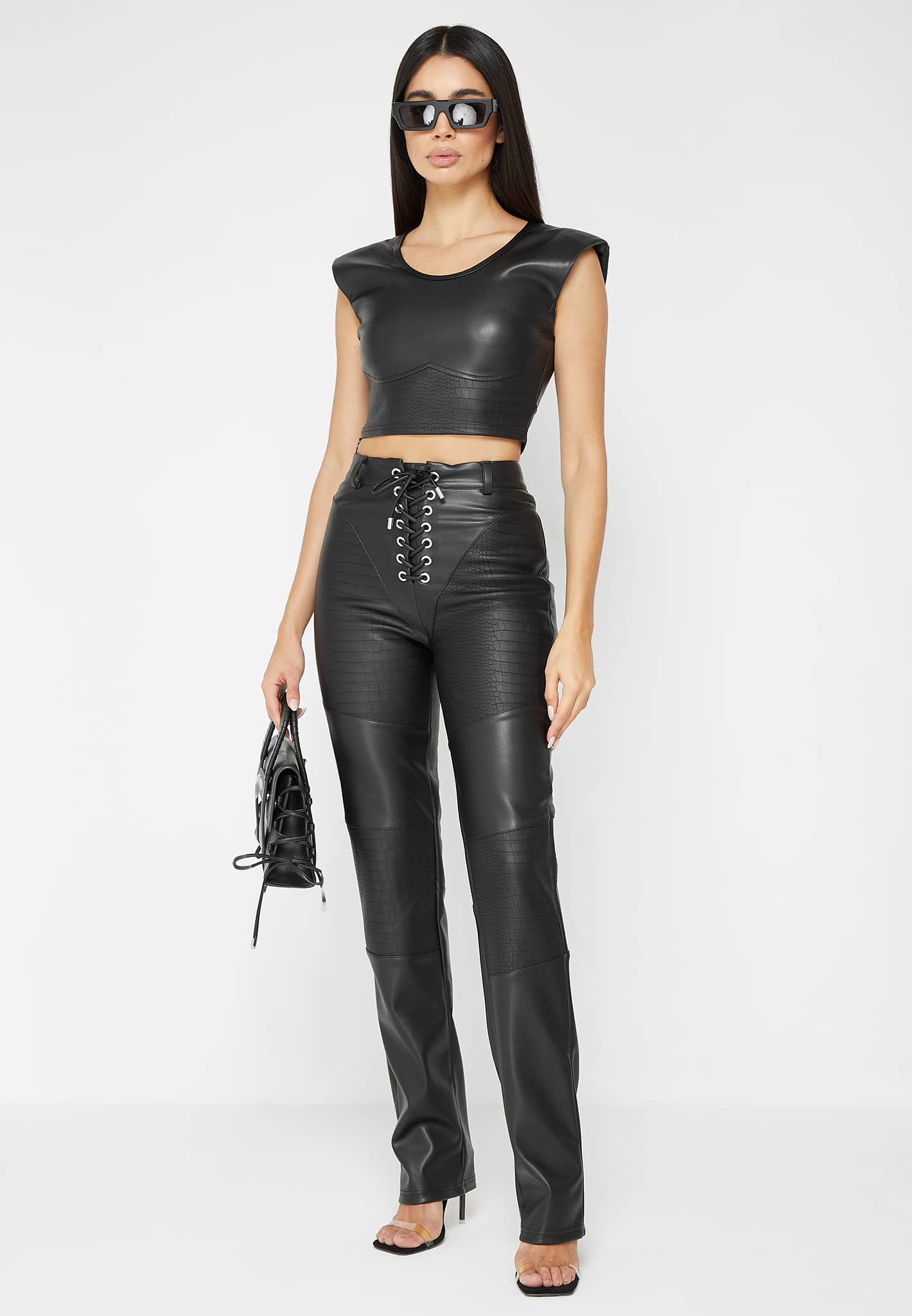 Wide Shoulder Croc Embossed Crop Top - Black - Image 2