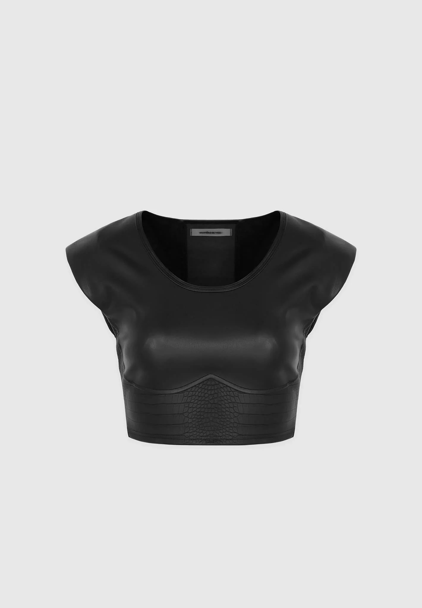 Wide Shoulder Croc Embossed Crop Top - Black - Image 5