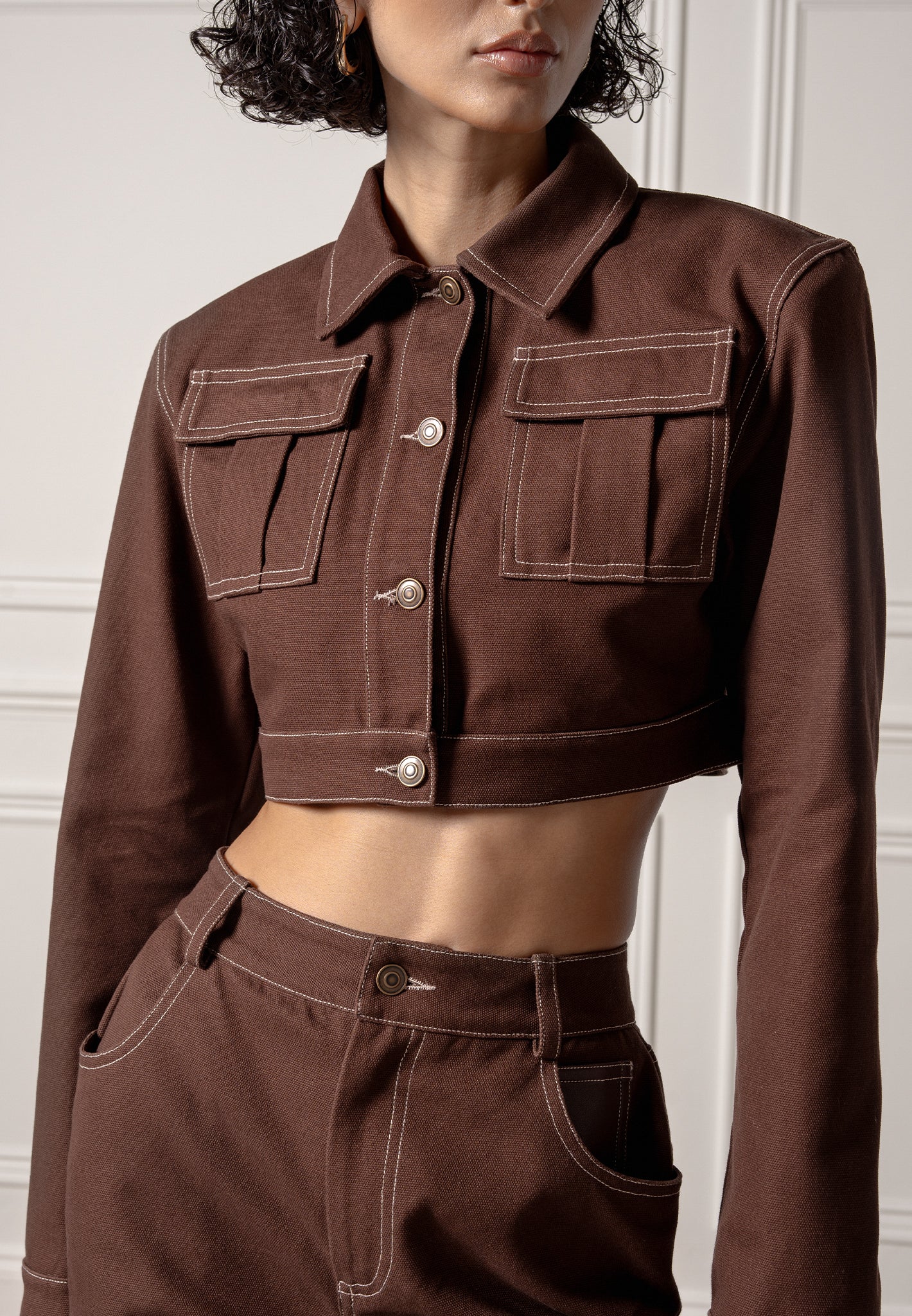 Wide Shoulder Drill Jacket - Brown - Image 6