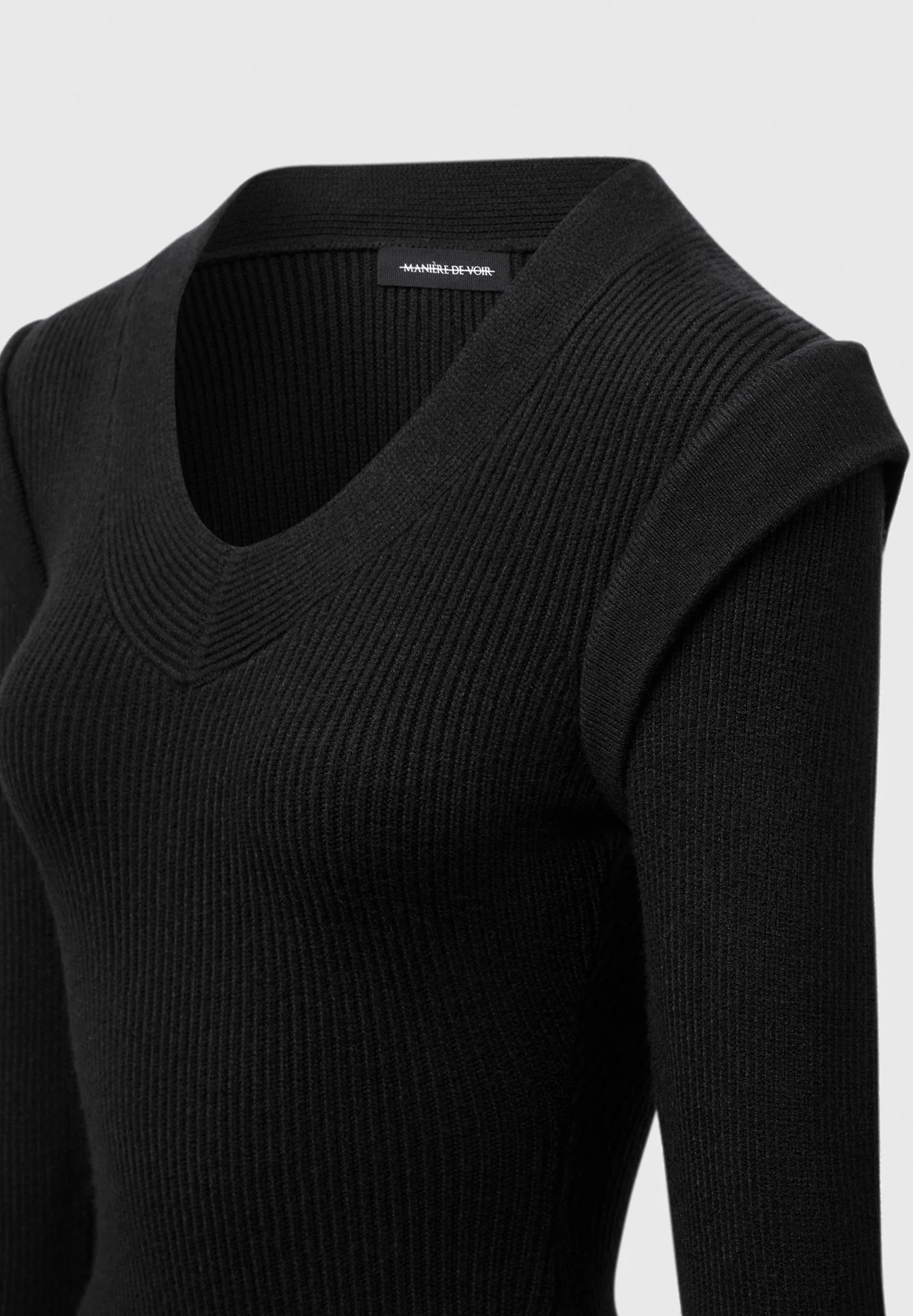 Wide Shoulder Knitted Contour Mini Dress - Black - Image 6