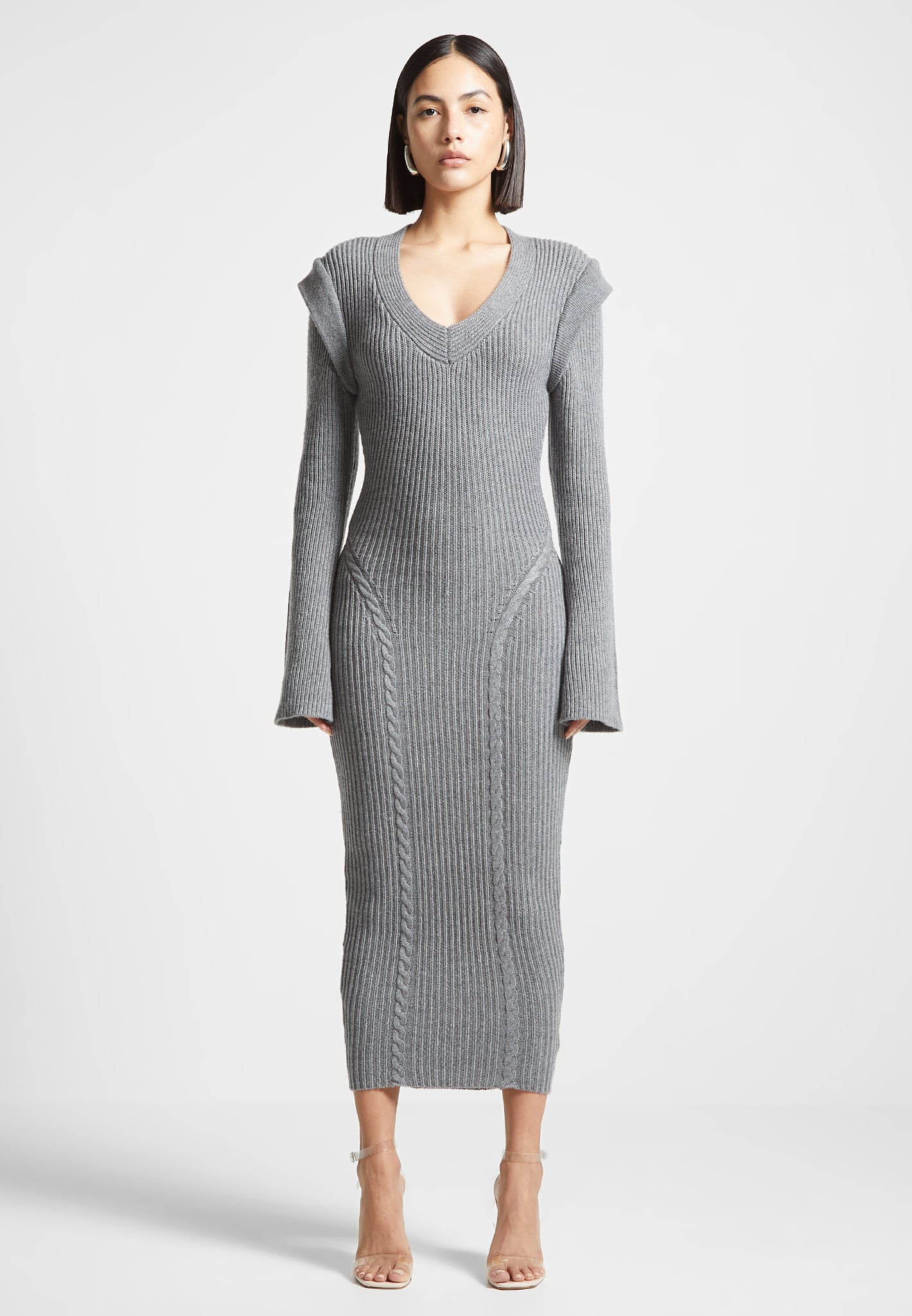 Wide Shoulder Knitted Midaxi Dress - Grey - Image 3