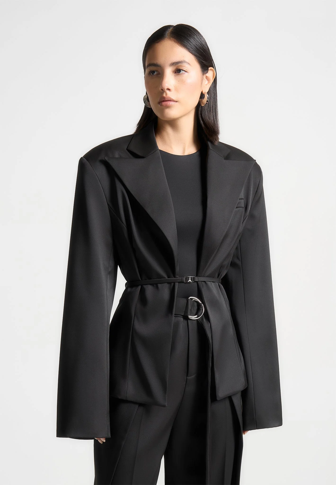 Wide Shoulder Sateen Blazer with Twin Belt - Black - Image 2