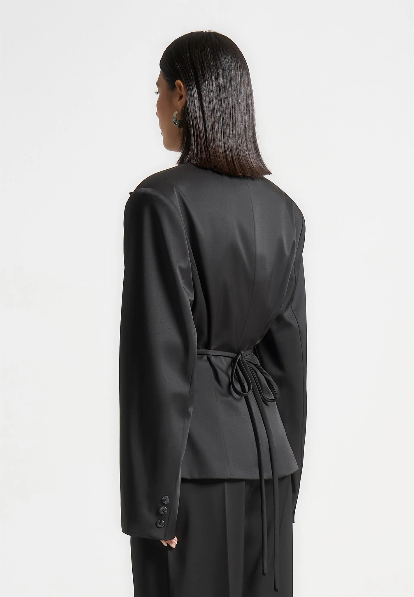Wide Shoulder Sateen Blazer with Twin Belt - Black - Image 3