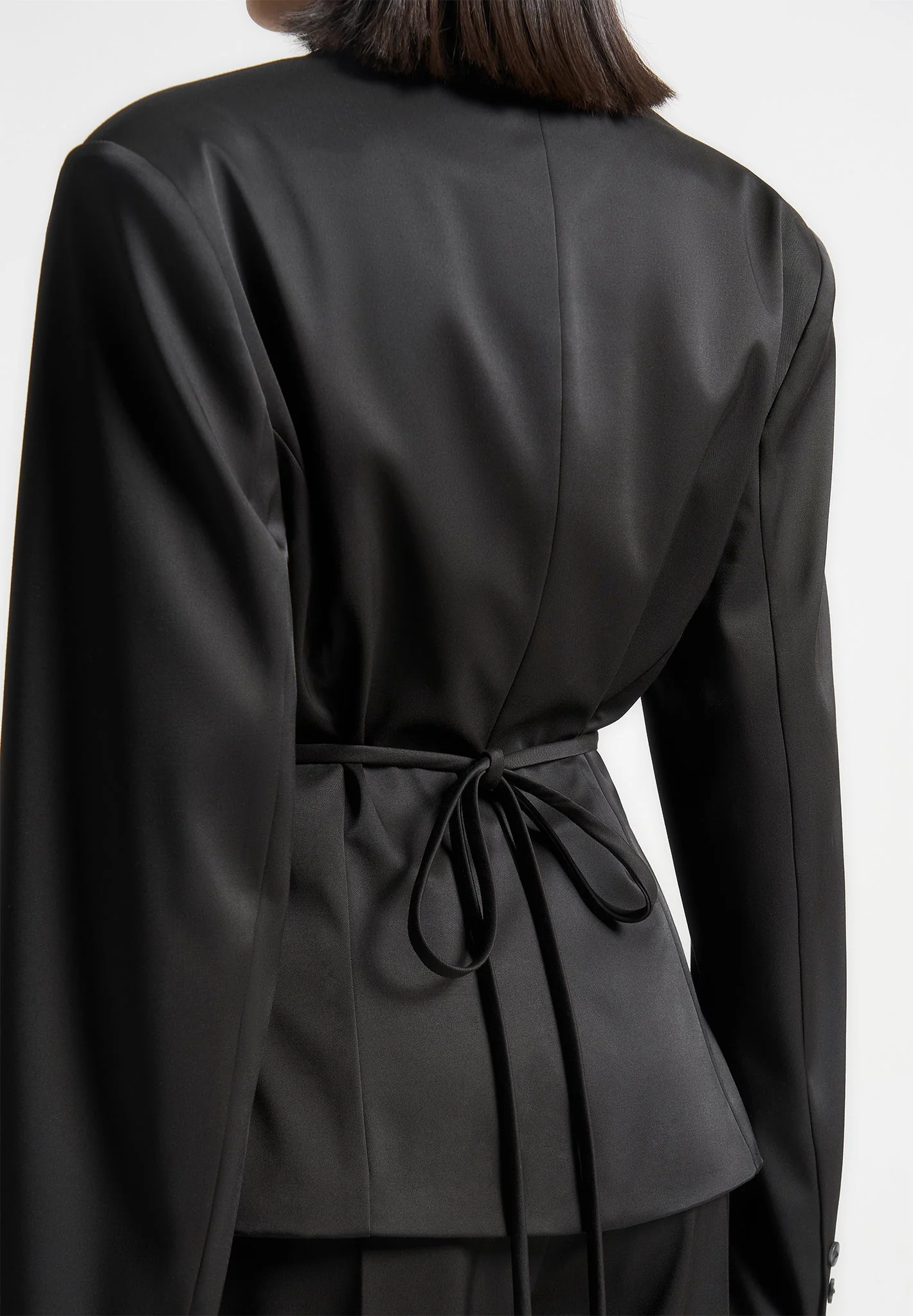 Wide Shoulder Sateen Blazer with Twin Belt - Black - Image 4