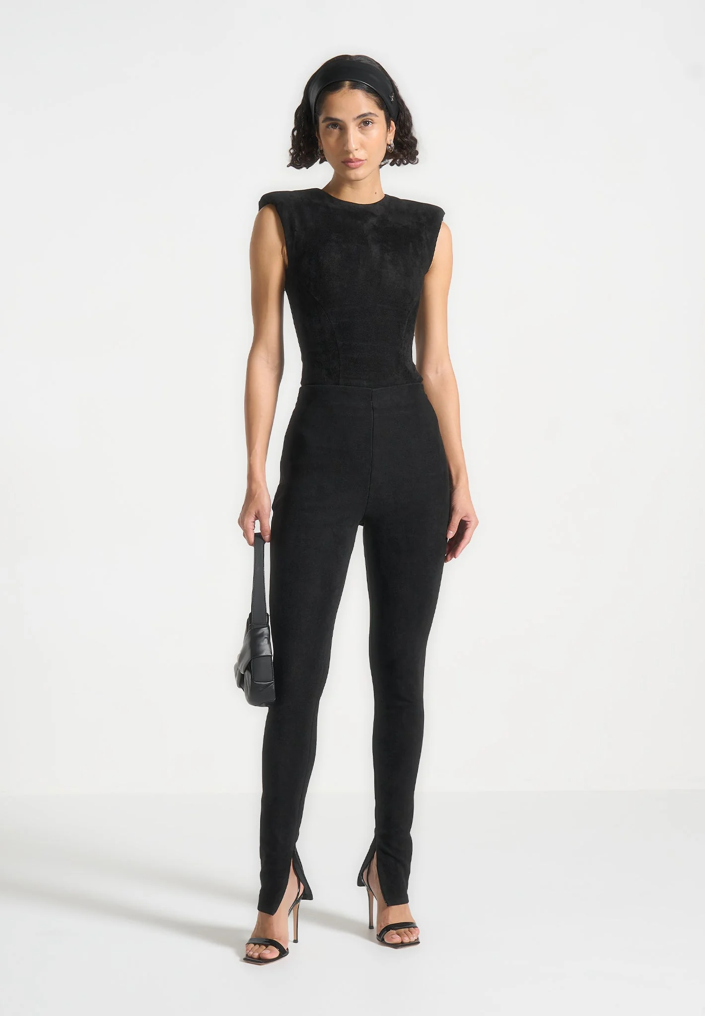Wide Shoulder Suede Bodysuit - Black - Image 2