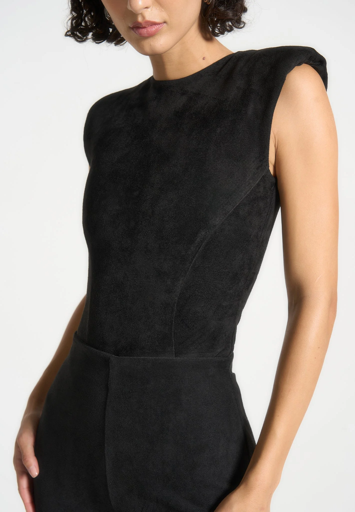Wide Shoulder Suede Bodysuit - Black - Image 3