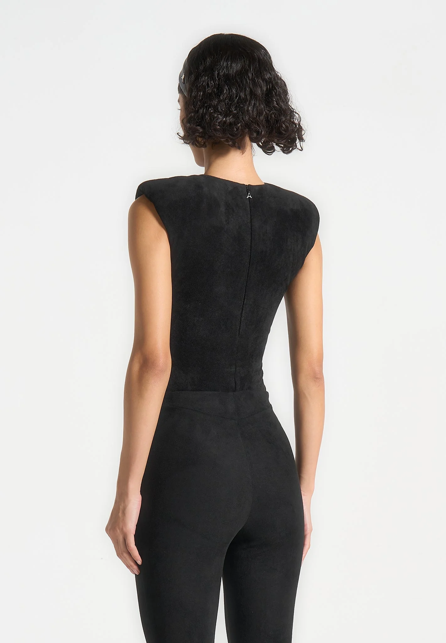 Wide Shoulder Suede Bodysuit - Black - Image 4