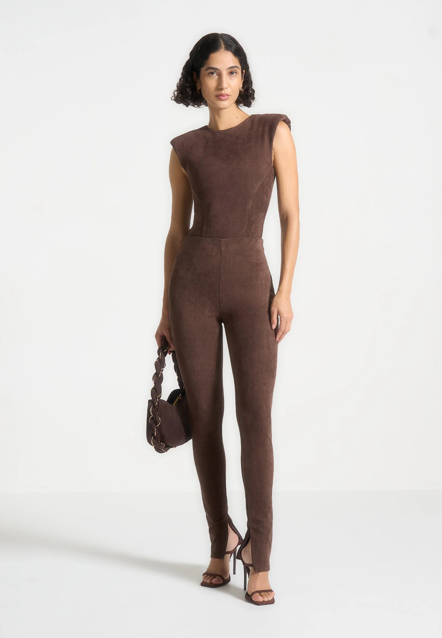 Wide Shoulder Suede Bodysuit - Brown - Image 2