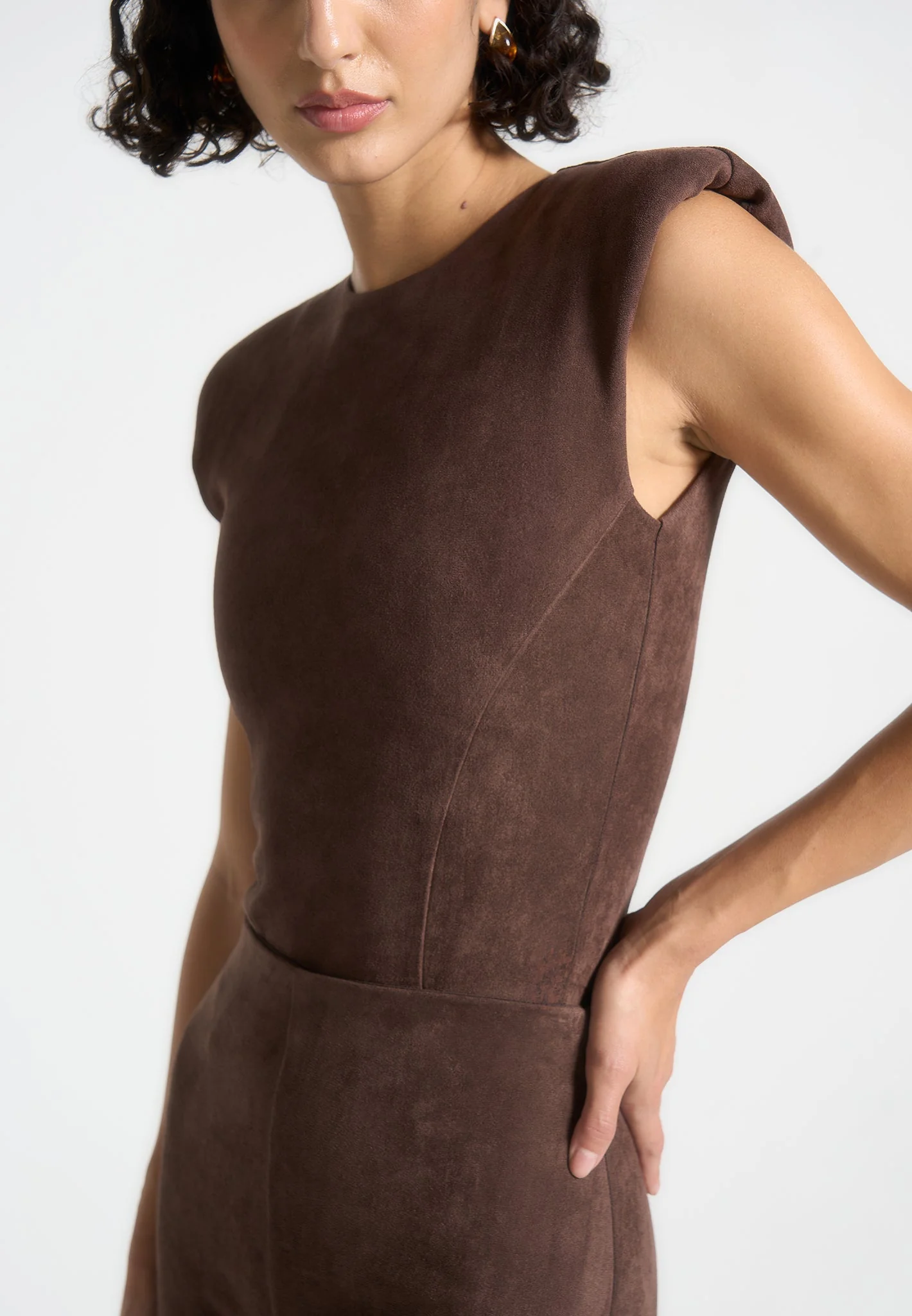 Wide Shoulder Suede Bodysuit - Brown - Image 3