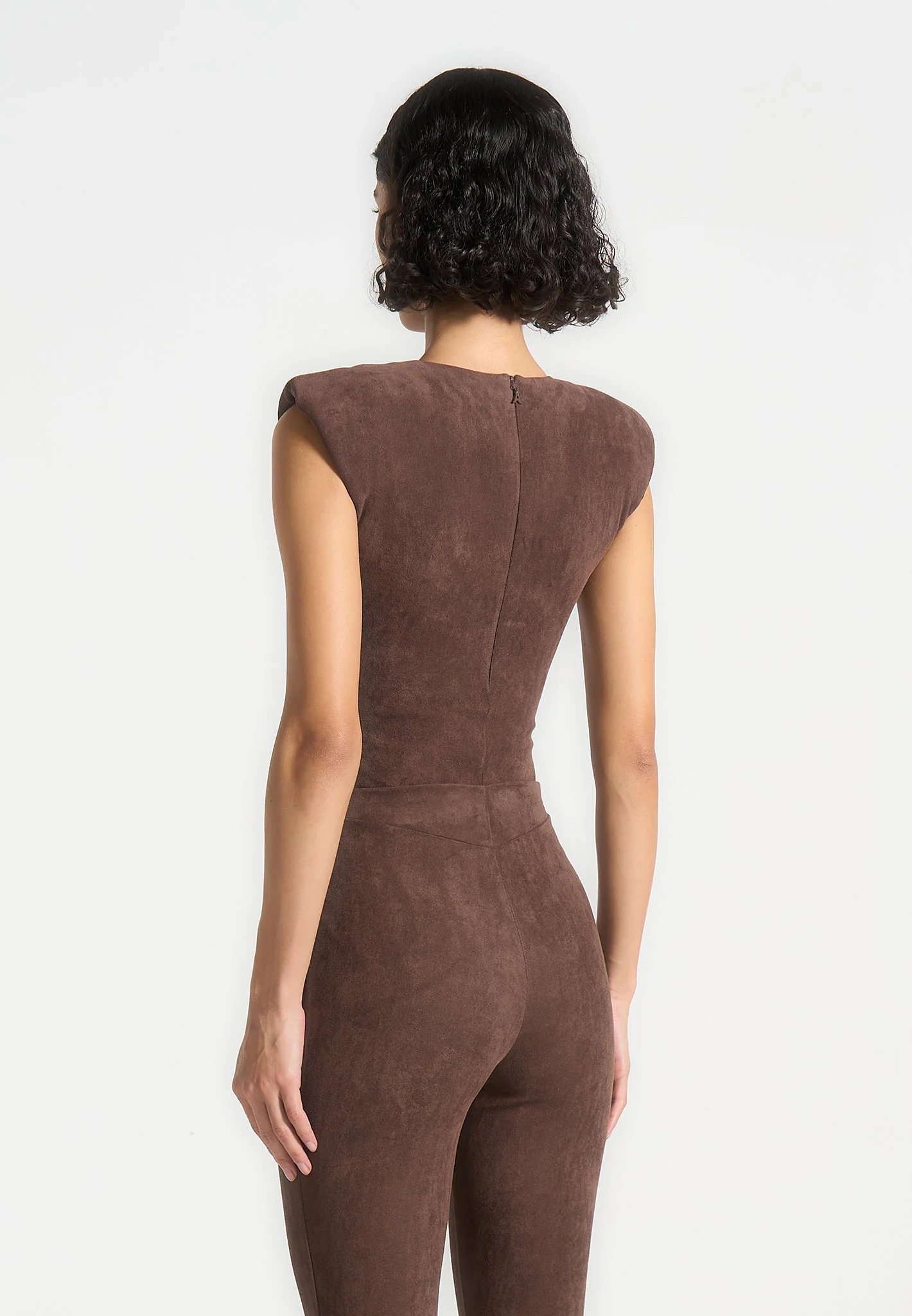 Wide Shoulder Suede Bodysuit - Brown - Image 4
