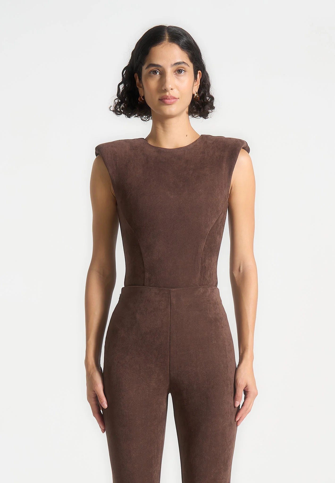 Wide Shoulder Suede Bodysuit - Brown - Image 5