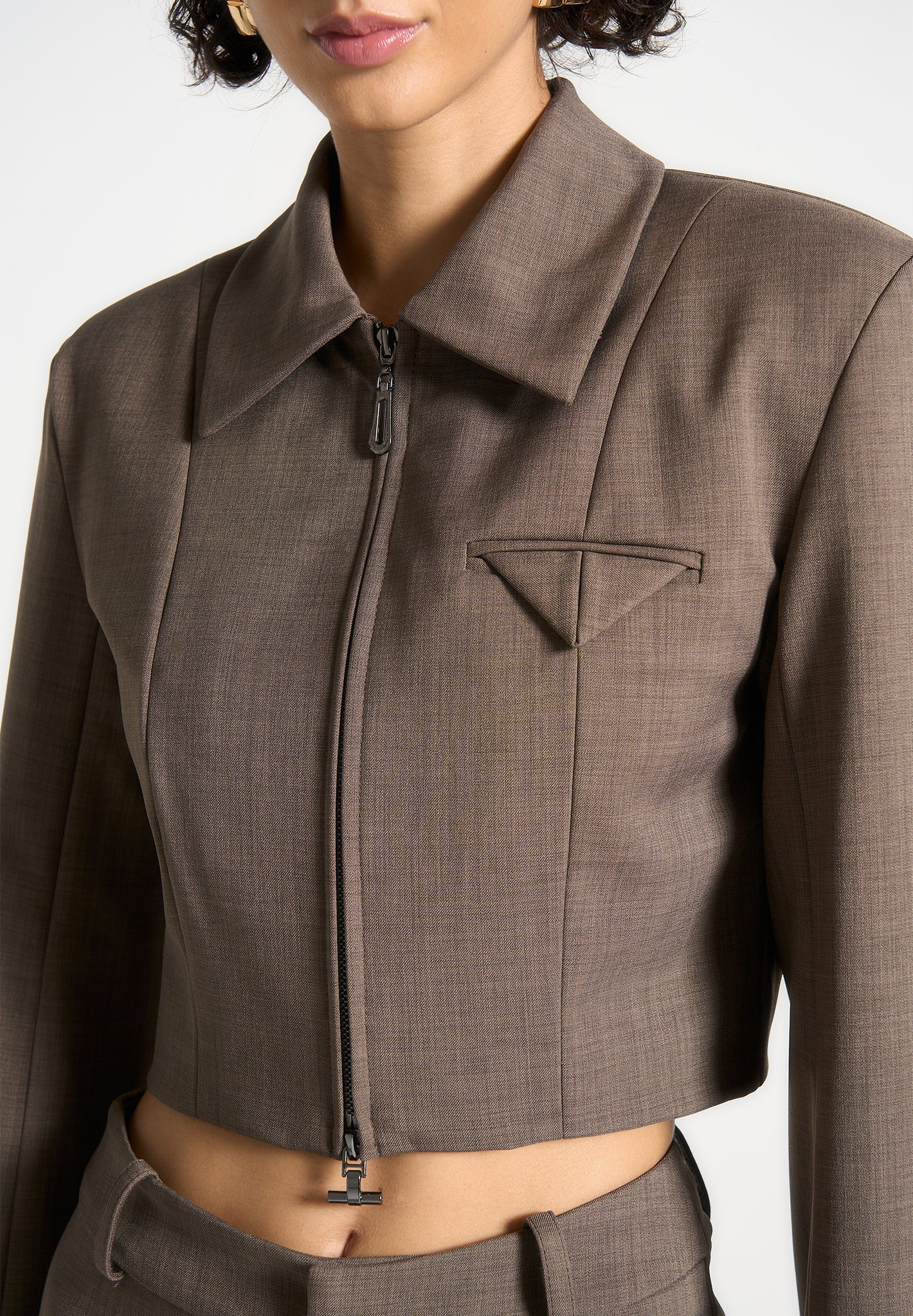 Wide Shoulder Tailored Jacket - Dark Taupe - Image 4