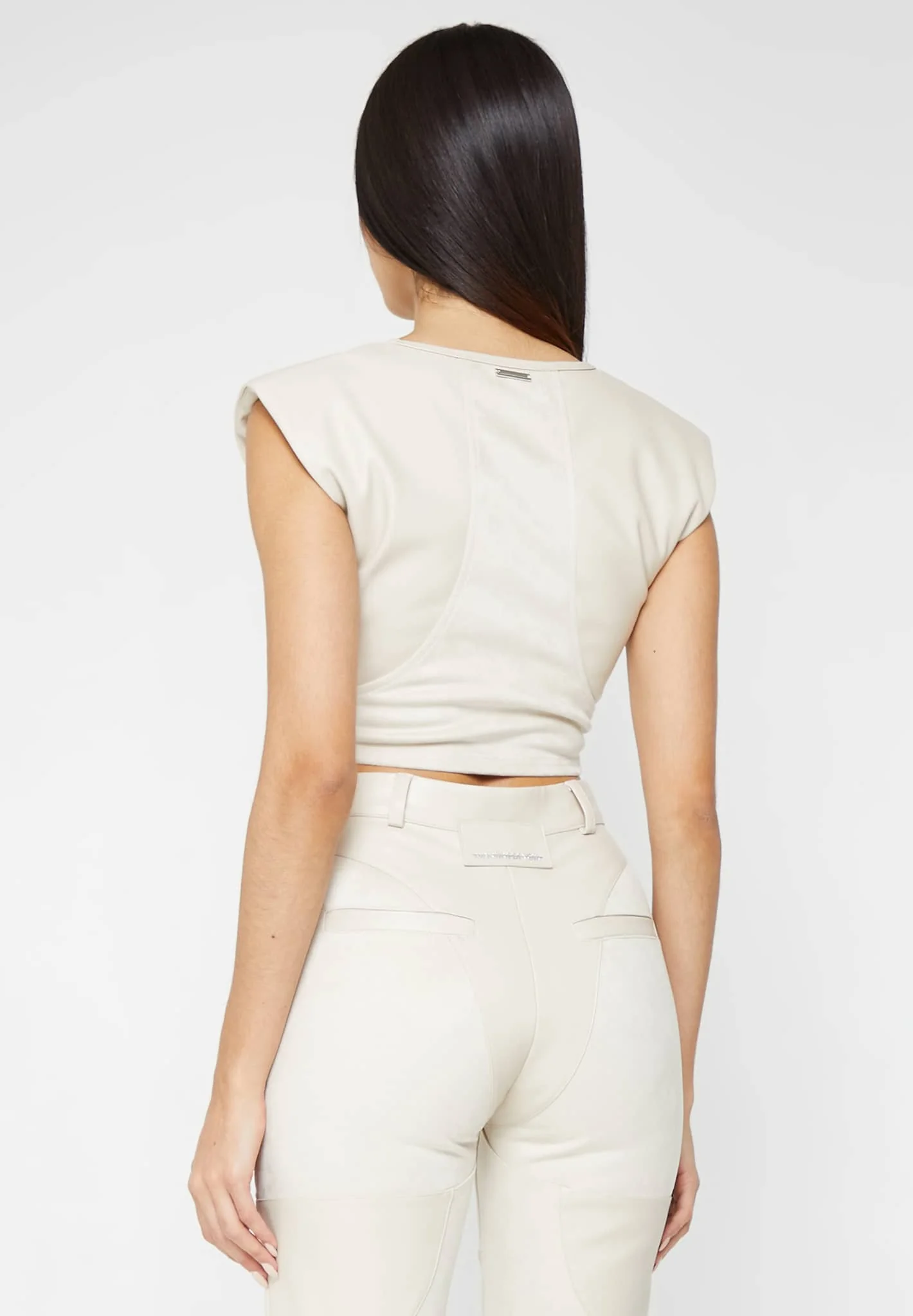Wide Shoulder Leather and Suede Crop Top - Beige - Image 4