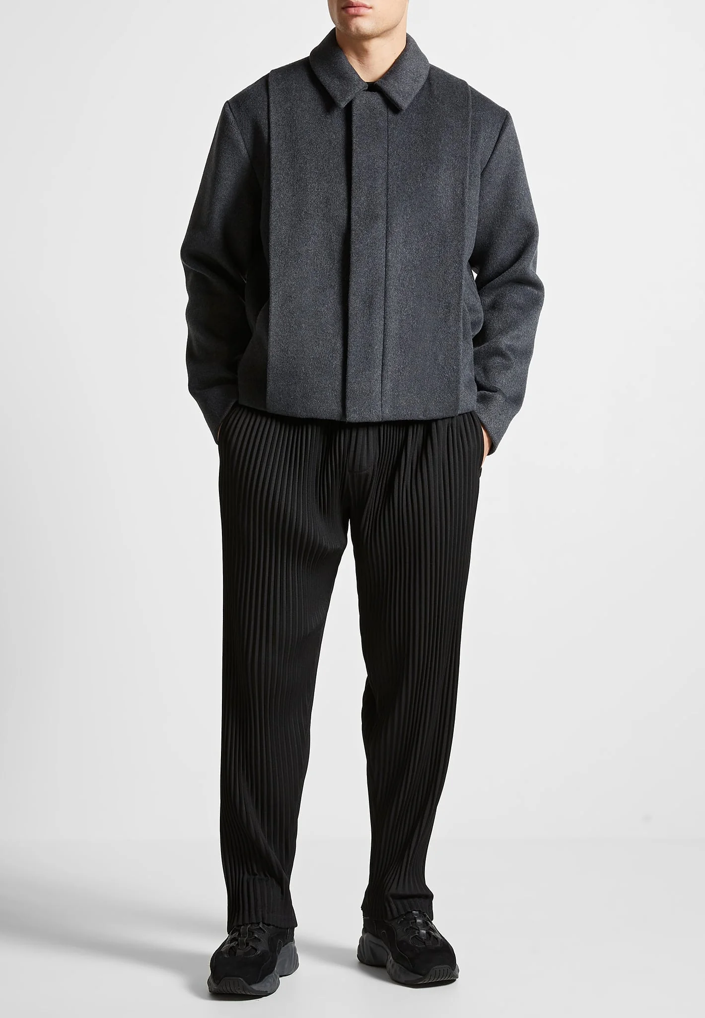 Wool Blend Boxy Jacket with Pleat - Charcoal Grey - Image 2