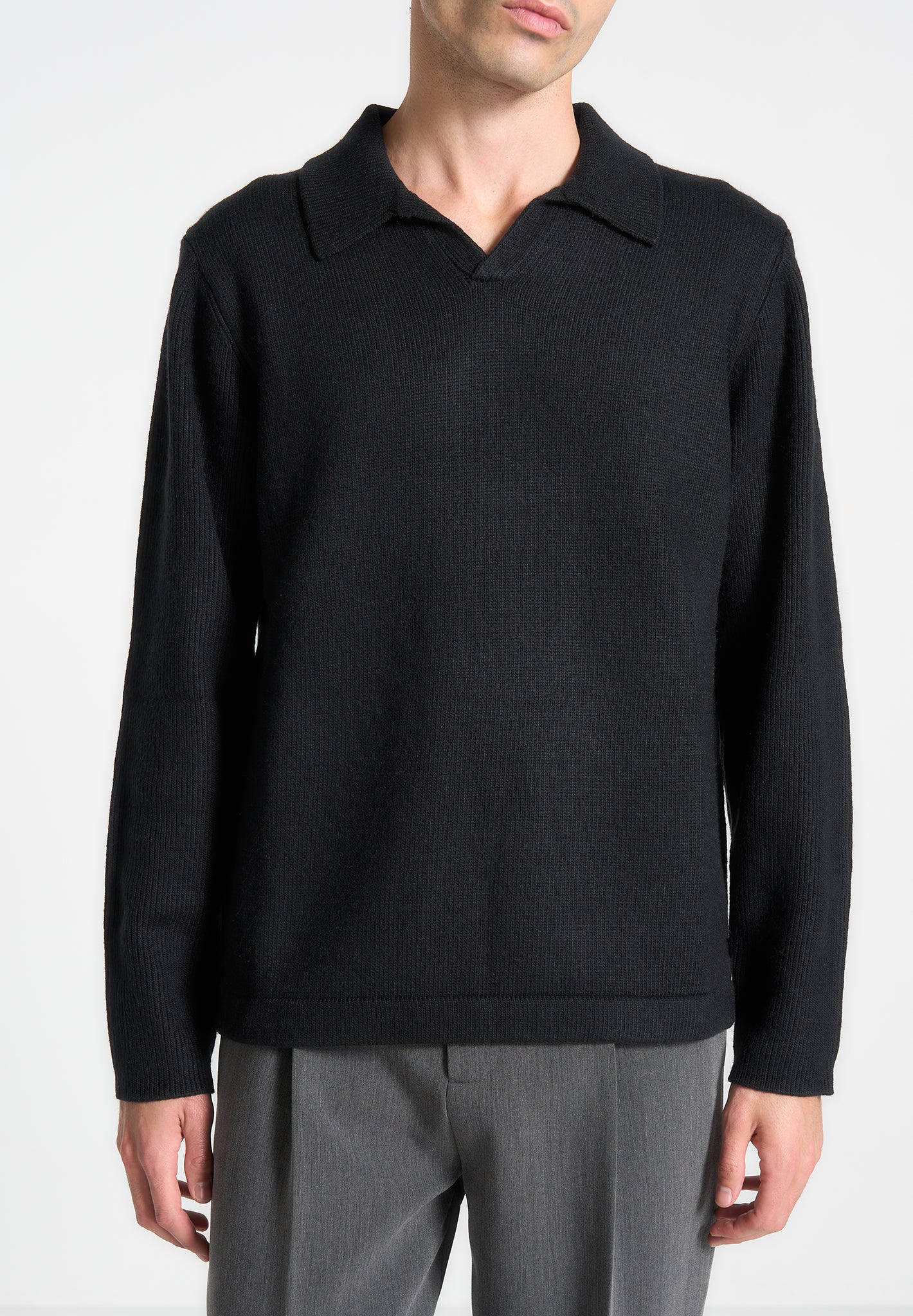 Wool Revere Long Sleeve Polo Top - Black - Image 5
