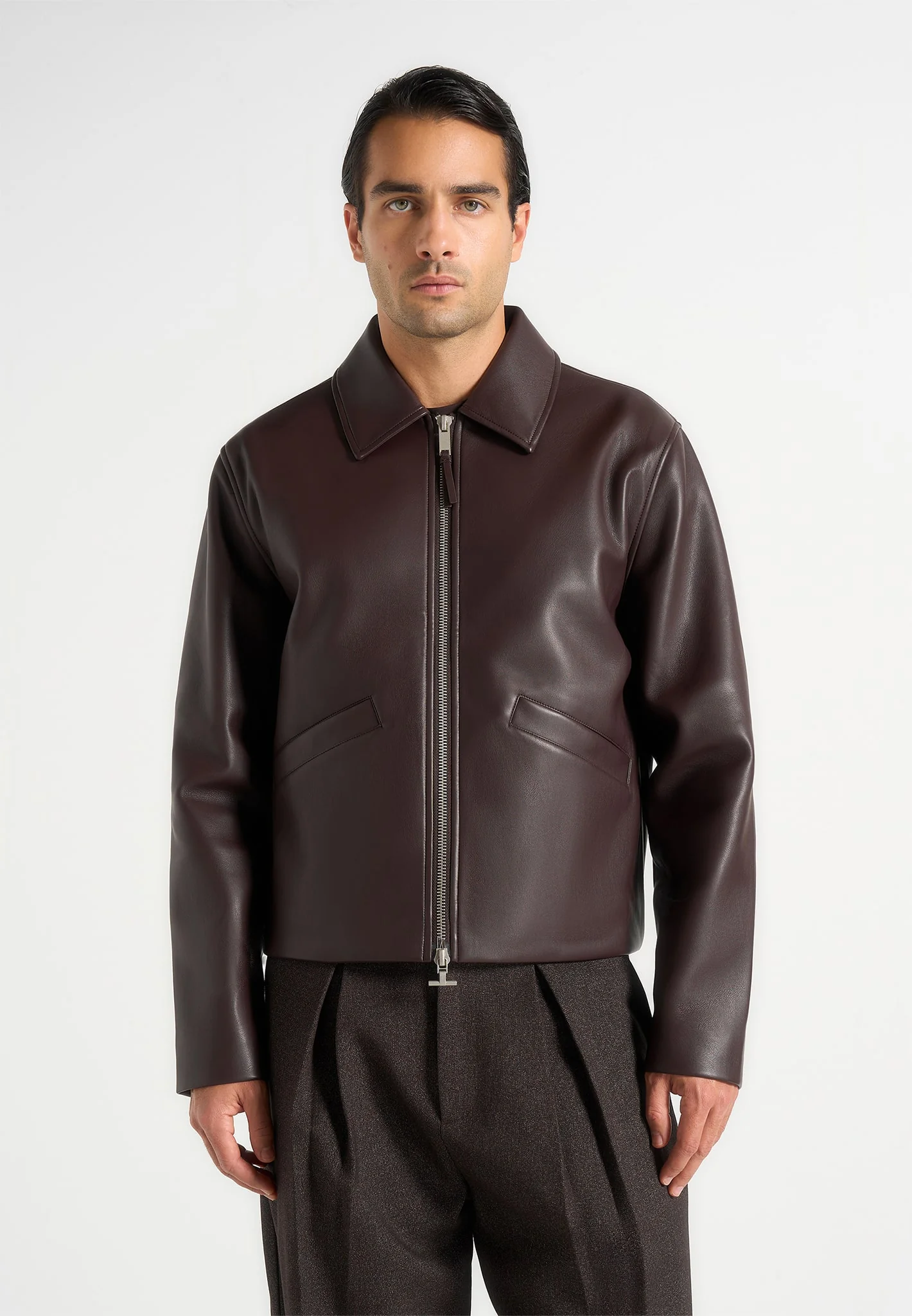 Yves - Minimal Leather Jacket - Brown - Image 2