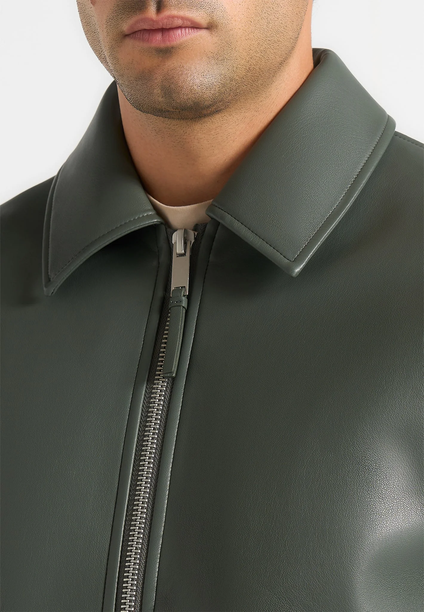 Yves - Minimal Leather Jacket - Olive - Image 5