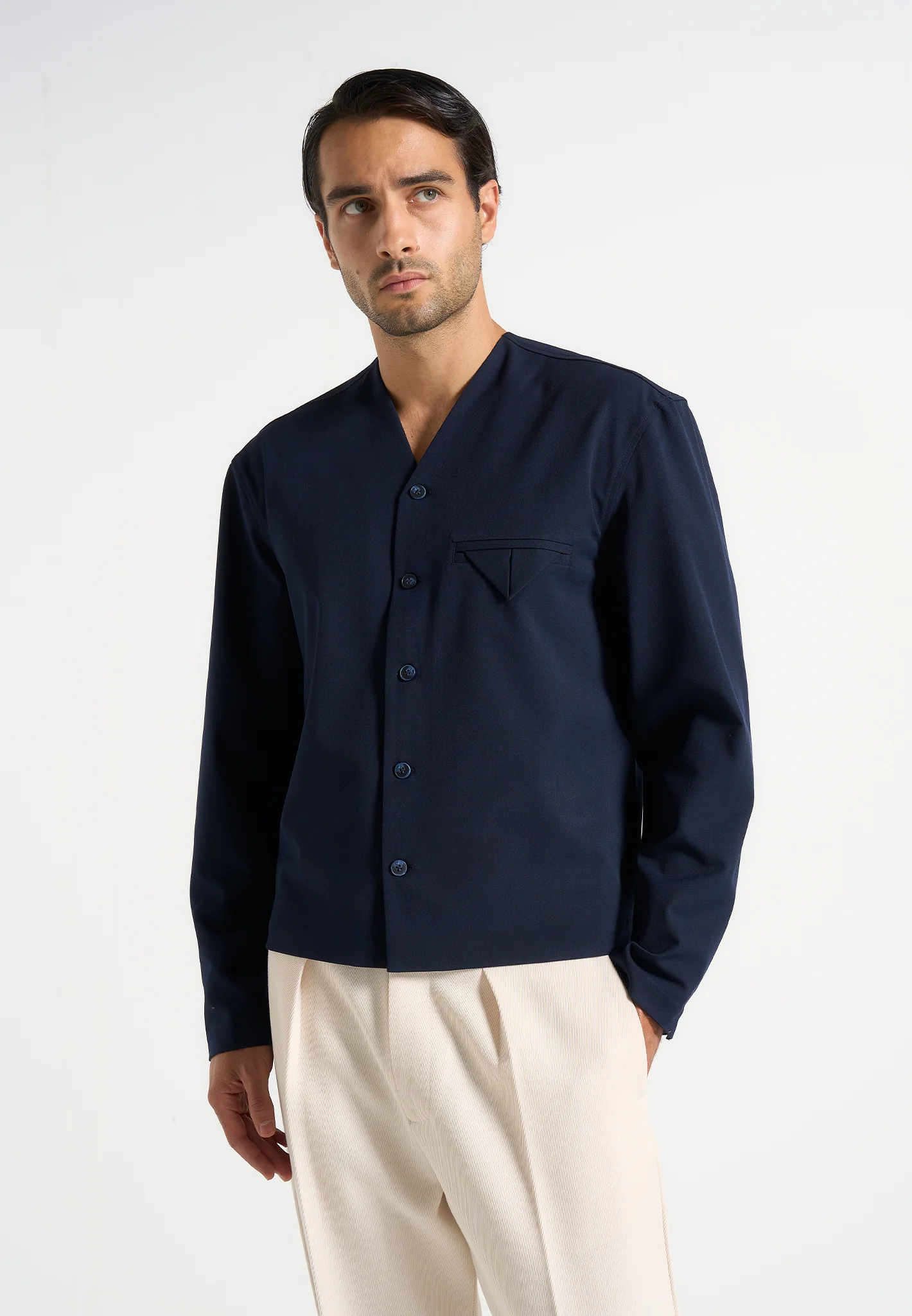 Zac - Boxy V-Neck Long Sleeve Shirt - Navy - Image 3