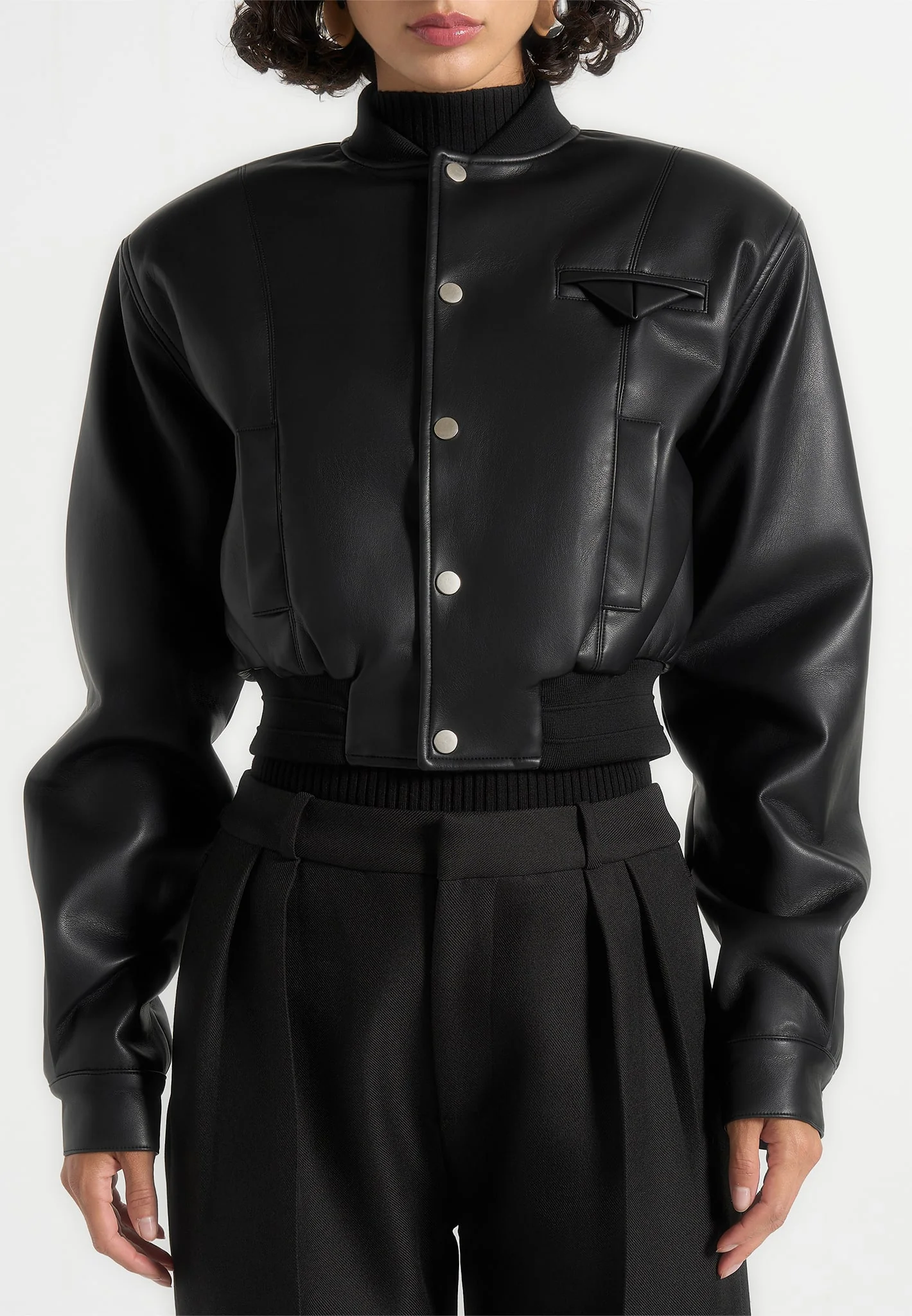 Zina - Leather Wide Shoulder Bomber Jacket - Black - Image 4