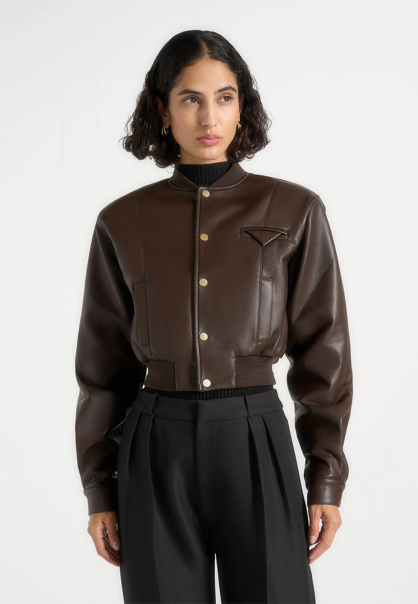 Zina - Leather Wide Shoulder Bomber Jacket - Brown - Image 3