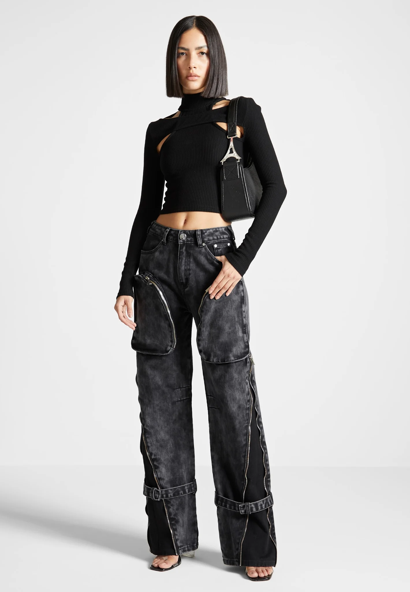 Zip Detail Denim Cargo Pants - Washed Black - Image 2