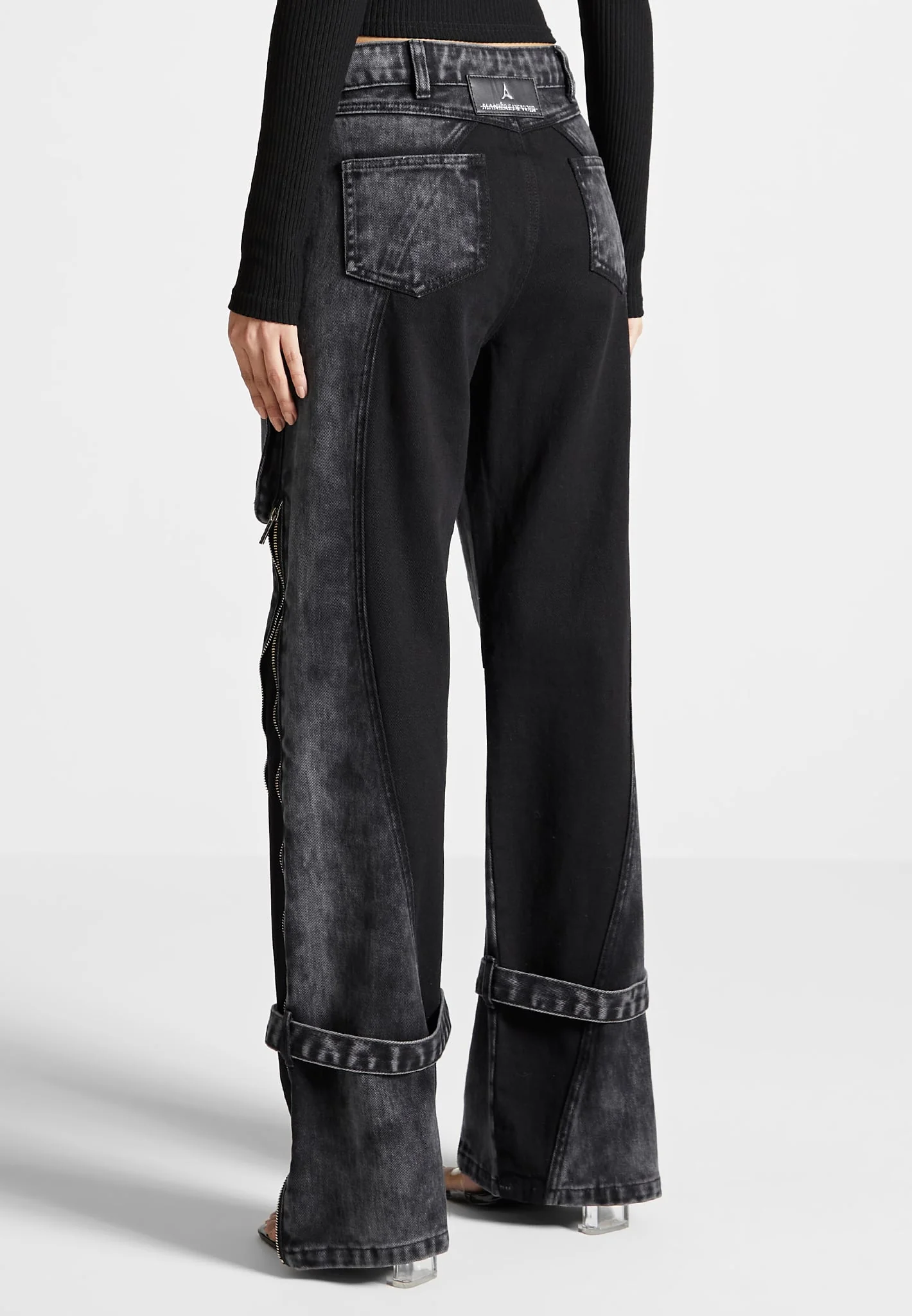 Zip Detail Denim Cargo Pants - Washed Black - Image 4