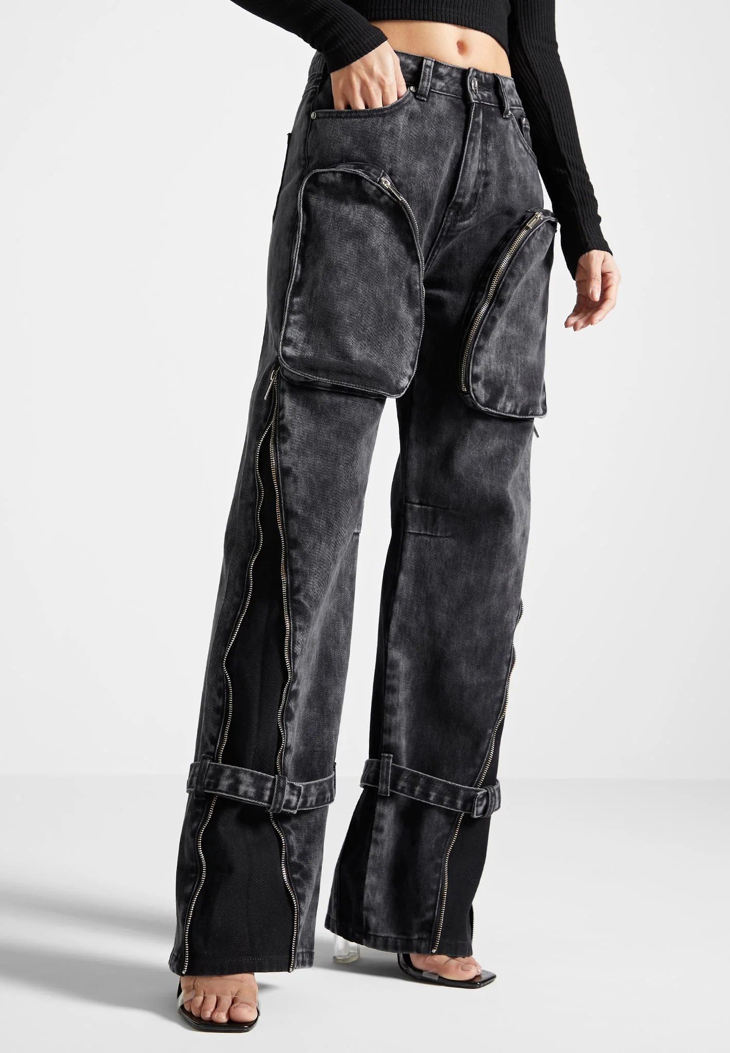 Zip Detail Denim Cargo Pants - Washed Black - Image 5