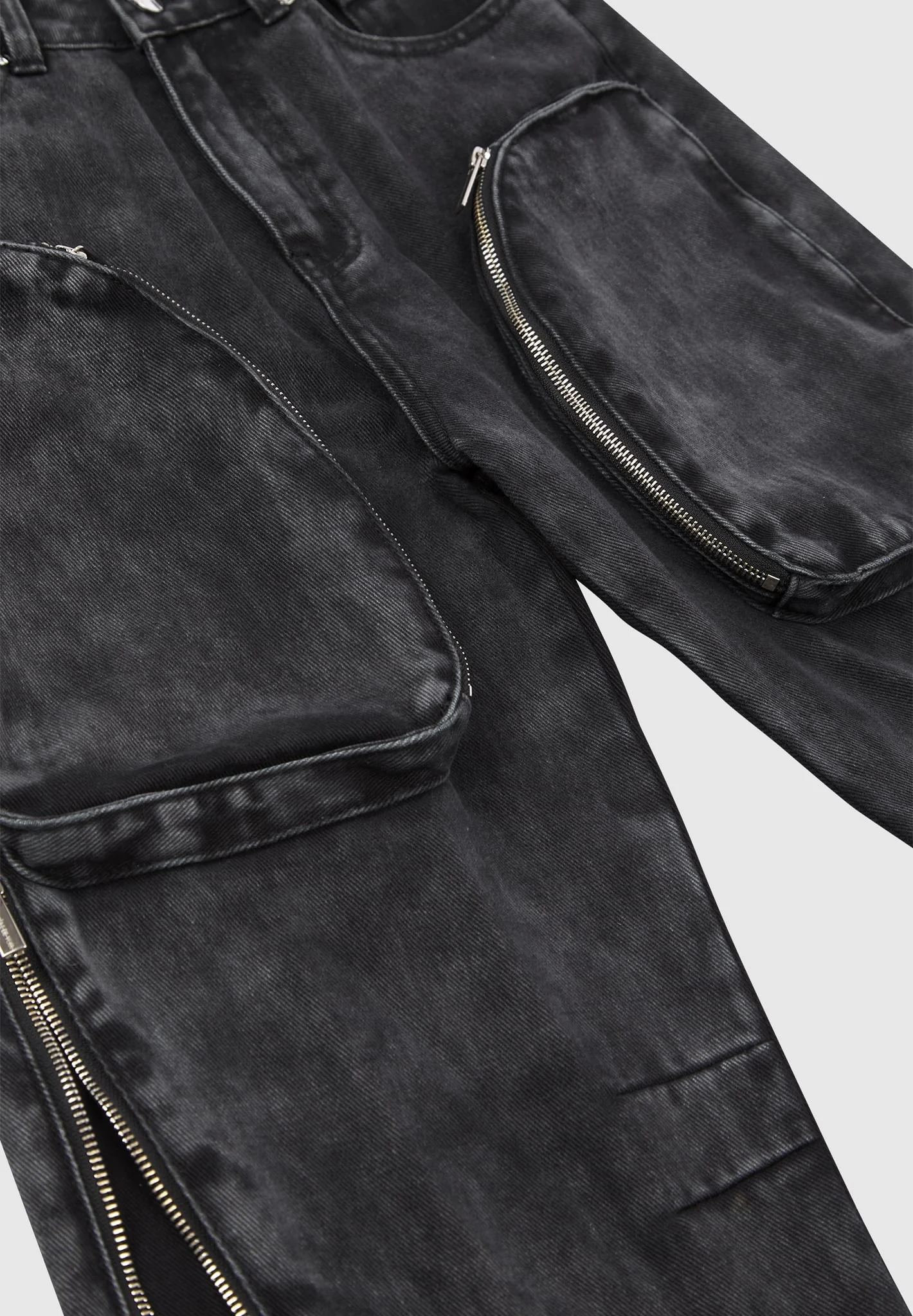 Zip Detail Denim Cargo Pants - Washed Black - Image 7